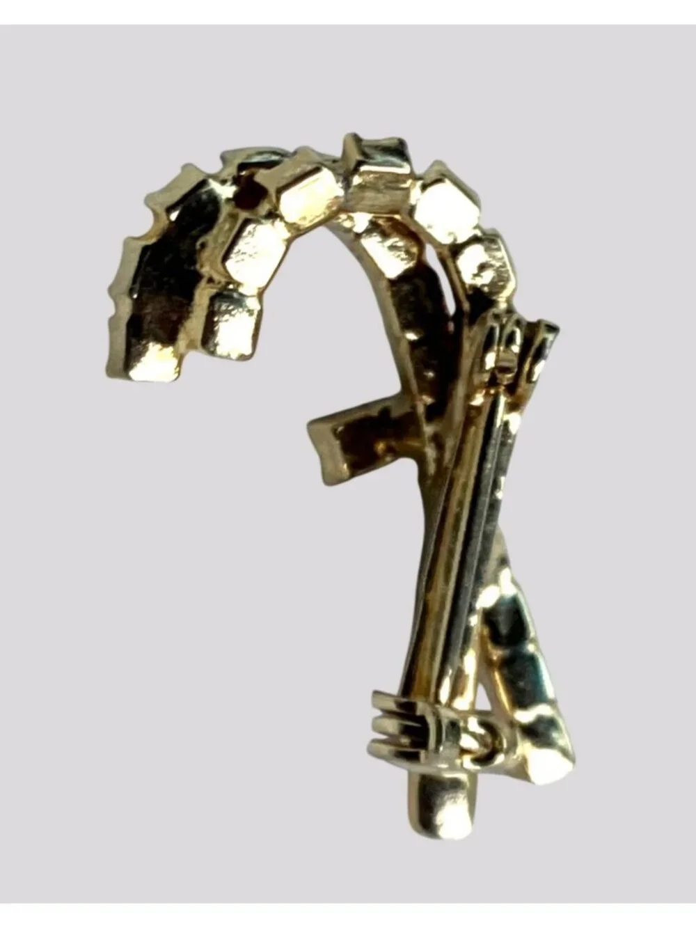 Vintage Gold Tone Rhinestone Candy Cane Brooch Pin Red Green and Clear Stones
